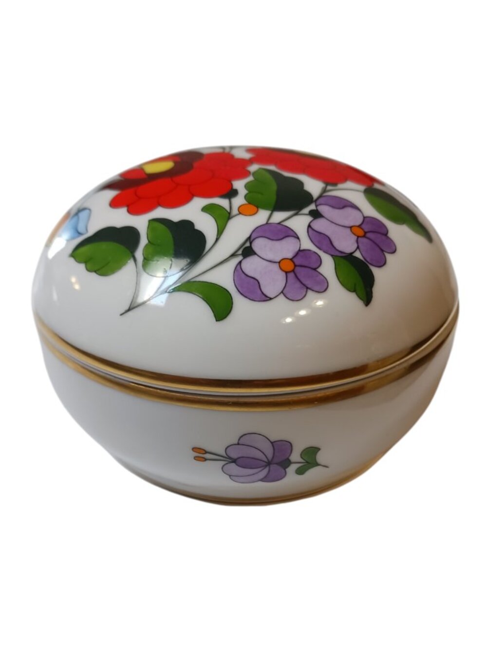 Vintage Kalocsa Hungary Hand Painted Porcelain Trinket Box Floral Gold Rim